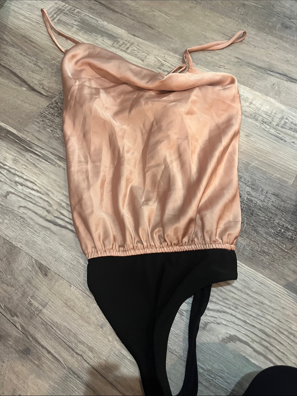 New with tag! Show Me Your MuMu Peach Satin Cowl Neck Bodysuit with Black Bottom